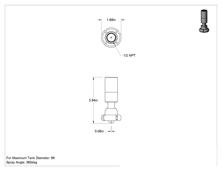 Teknik Çizim - PTFE Dönen Tank Yıkama Nozulu, 1/2 NPT Dişi, 20 PSI'da 6.31 gpm Akış Hızı