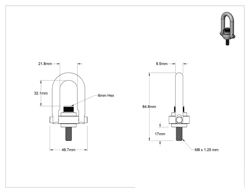 Teknik Çizim - Kaldırma için İşlenmiş Çelik Kaldırma Halkası, Siyah Oksit, M8 x 1.25 mm Diş Boyutu, 85 mm Toplam Yükseklik