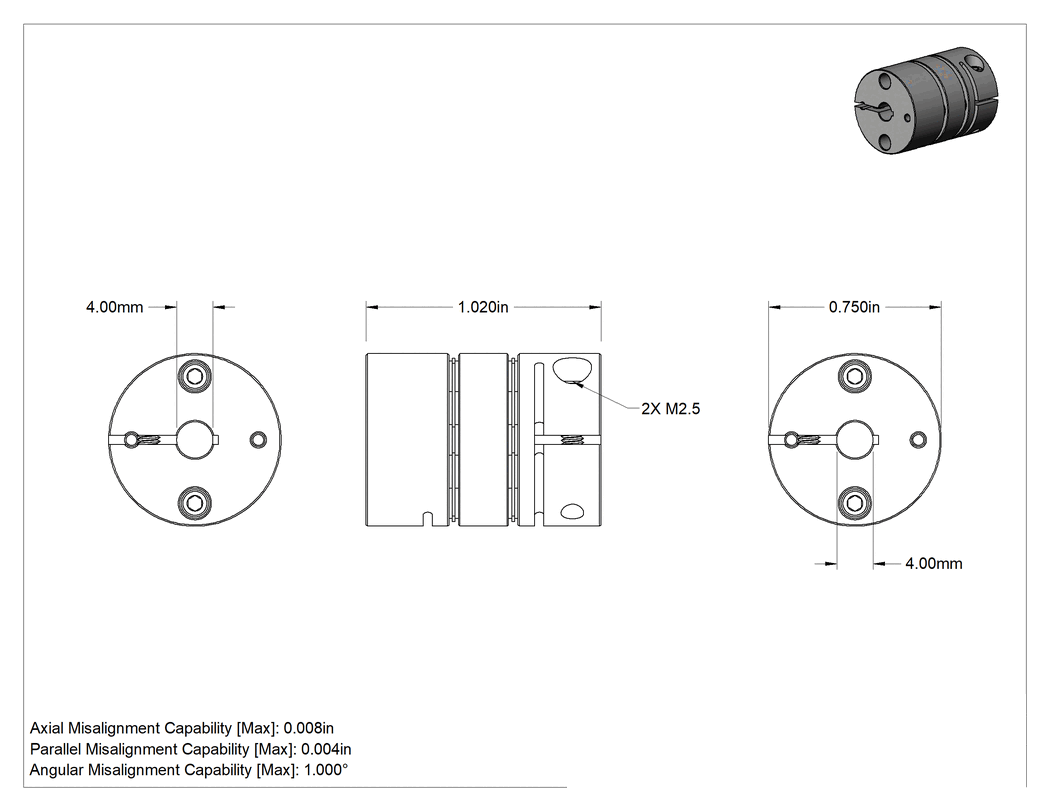 Teknik Çizim - Servomotor Hassas Esnek Mil Kaplini, 4 mm x 4 mm mil çapı için, 1-1/64" Toplam Uzunluk, 3/4" Dış Çap
