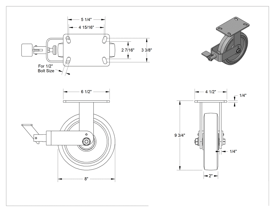 Teknik Çizim - 6-1/2" x 4-1/2" Plakalı Yüksek Kapasiteli Kingston Tekerlek, Frenli ve 8" Çapında Yeşil Poliüretan Tekerlekli Sabit