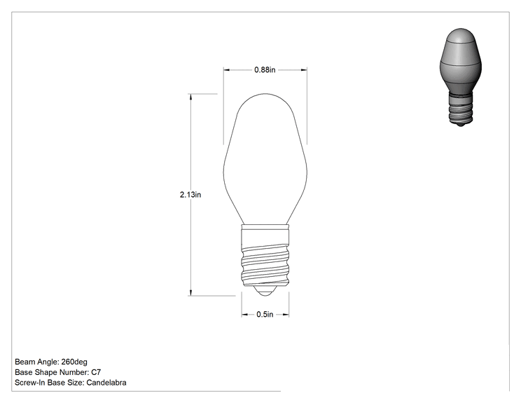 Teknik Çizim - Vidalı Taban Ampul, C7, Şamdan Tabanı, 120V, 4W, Akkor