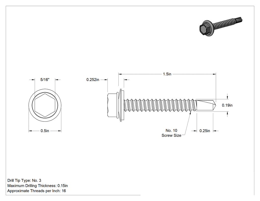 Teknik Çizim - Metal için Pullu Delme Vidaları, Çelik, 10 Numaralı Boyut, 1-1/2" Uzunluk