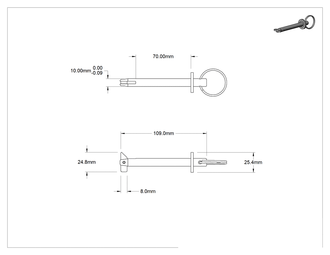 Teknik Çizim - Toggle'lı Çatal Pimi, Halka Tutucu, Çinko Kaplamalı Karbon Çelik, 10 mm Çap, 70 mm Uzunluk