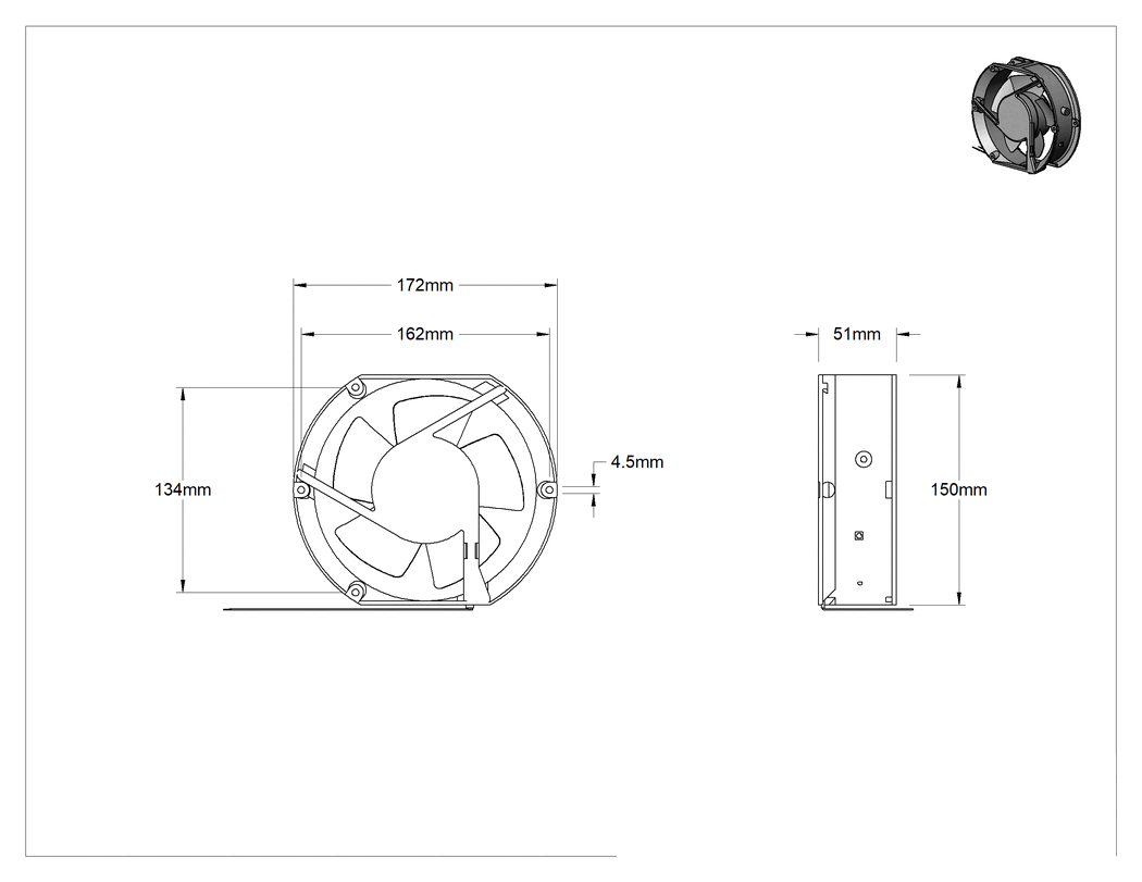 Teknik Çizim - Yıkama DC Ekipmanı-Soğutma Fanı, Yüksek Basınç, 12V DC, 151 mm Yükseklik x 172 mm Genişlik x 51 mm Derinlik