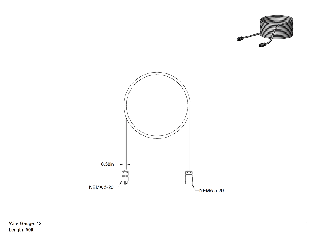 Teknik Çizim - Uzatma Kablosu, NEMA 5-20, 50' Uzunluk, 12 AWG