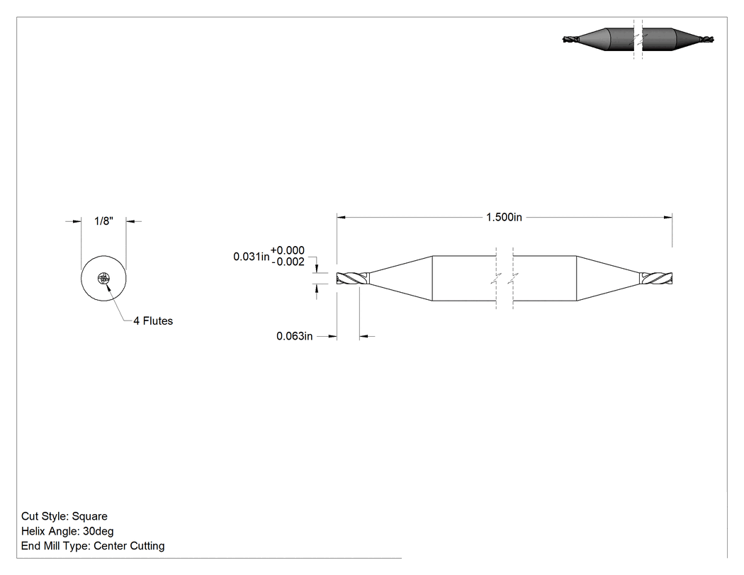 Teknik Çizim - 2 Freze Uçlu TiN Kaplamalı Karbür Uçlu Freze, Kare Uç, 4 Kanallı, 1/32" Freze Çapı, 1-1/2" Toplam Uzunluk