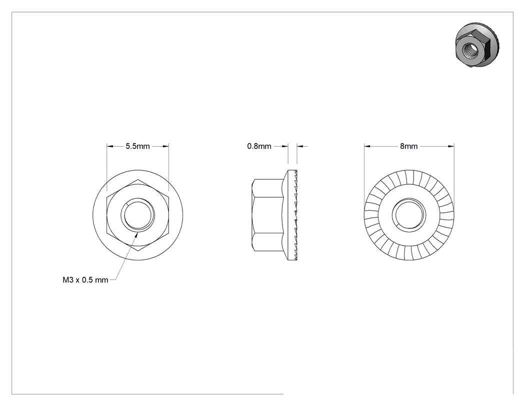 Teknik Çizim - Orta Mukavemetli Çelik Tırtıklı Flanşlı Somun, Sınıf 8, Çinko Kaplamalı, M3 x 0.5 mm Diş Boyutu