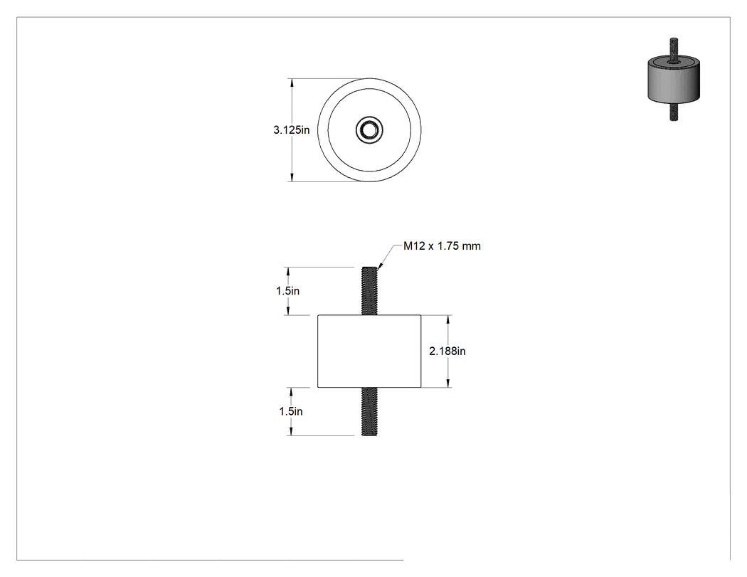 Teknik Çizim - Doğal Kauçuk Titreşim Sönümleyici Sandviç Montaj, M12 x 1.75 mm Dişli 304 Paslanmaz Çelik Saplamalı, 1100 lbs. Kapasite