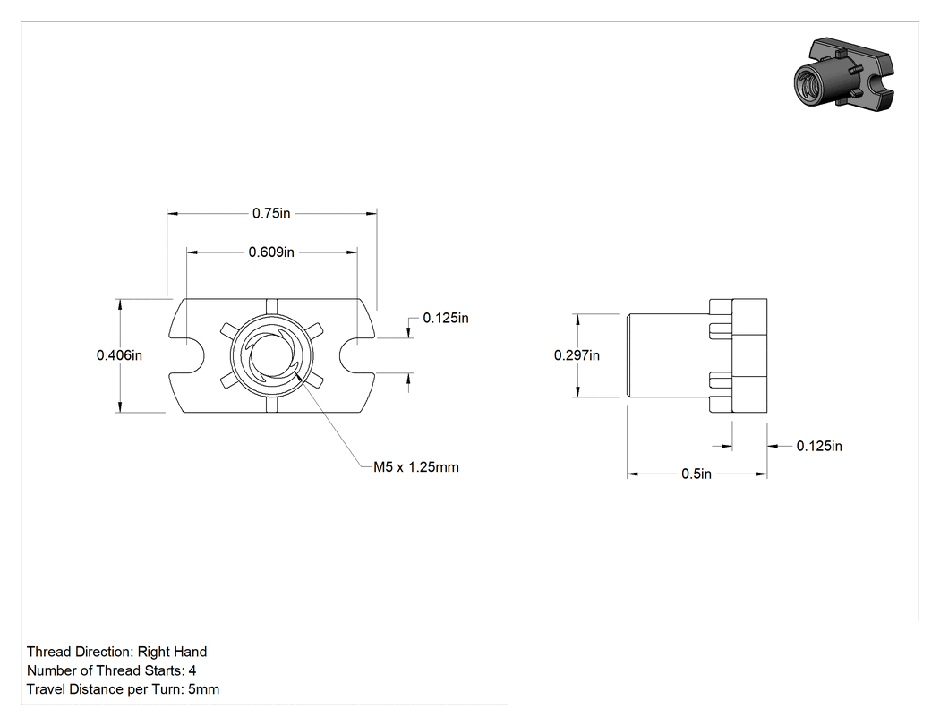 Teknik Çizim - Hızlı Hareketli Ultra Hassas Kılavuz Vida için M5 x 1.25 mm Dişli Flanşlı Somun