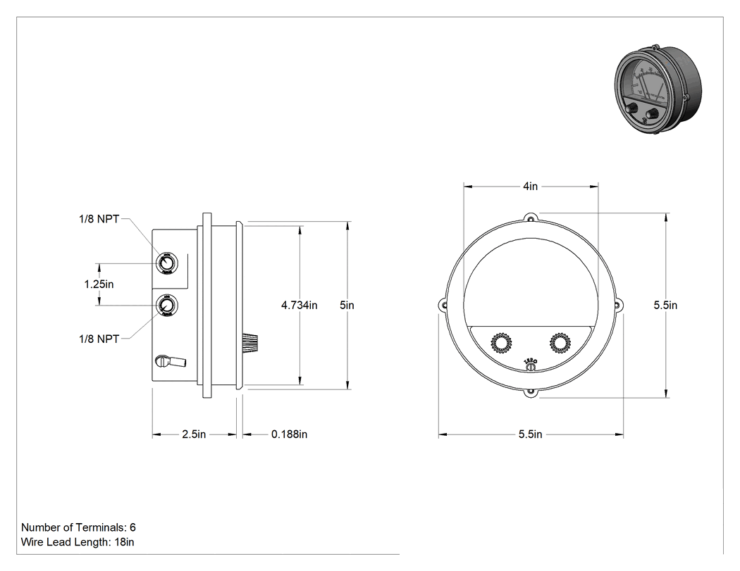 Teknik Çizim - Kadranlı Diferansiyel Basınç Şalteri, Hava için, 1/8 NPT Dişi Bağlantı, 0-1/2 inç H2O Ayar Noktası