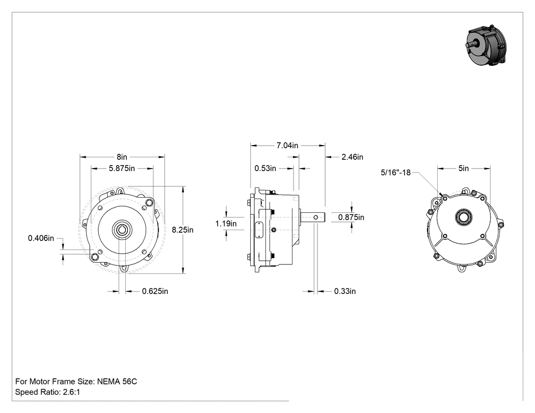 Teknik Çizim - Yüzeye Monte AC Motorlar için Redüktör, NEMA 56C, 2.6:1 Hız Oranı, 5/8" Giriş Mil Çapı için