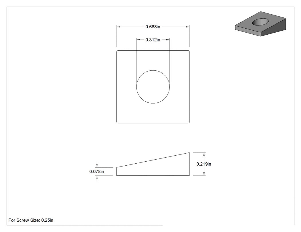 Teknik Çizim - I-Kirişler için Tesviye Pulları, 1/4" Vida Boyutu için, 0.312" İç Çap