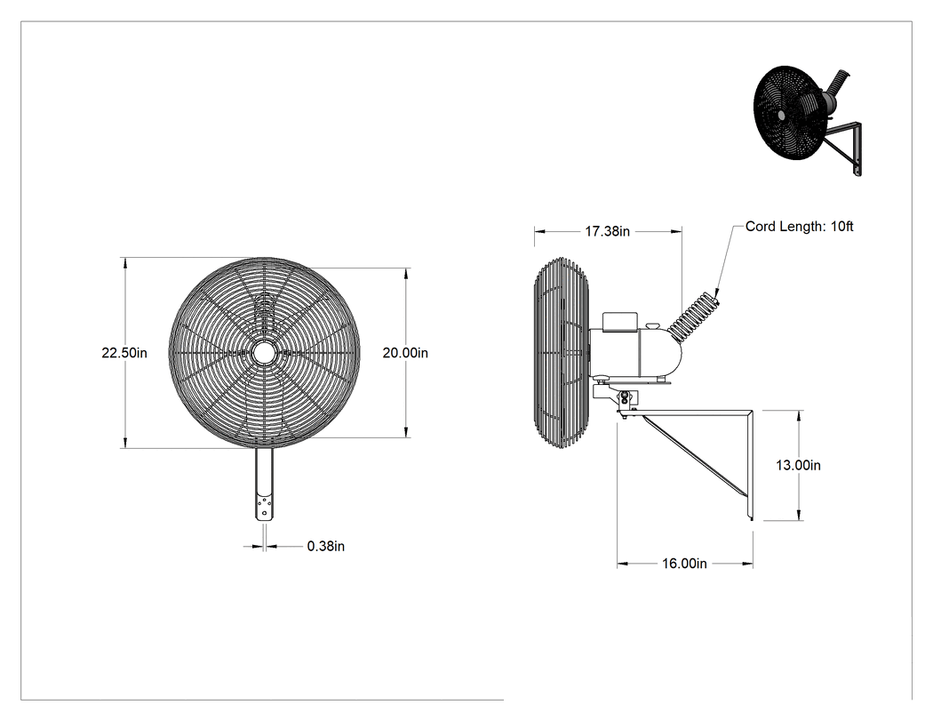 Teknik Çizim - Ekonomik Fan, Duvar Montajı, Salınımlı, 20 inç Bıçak Çapı