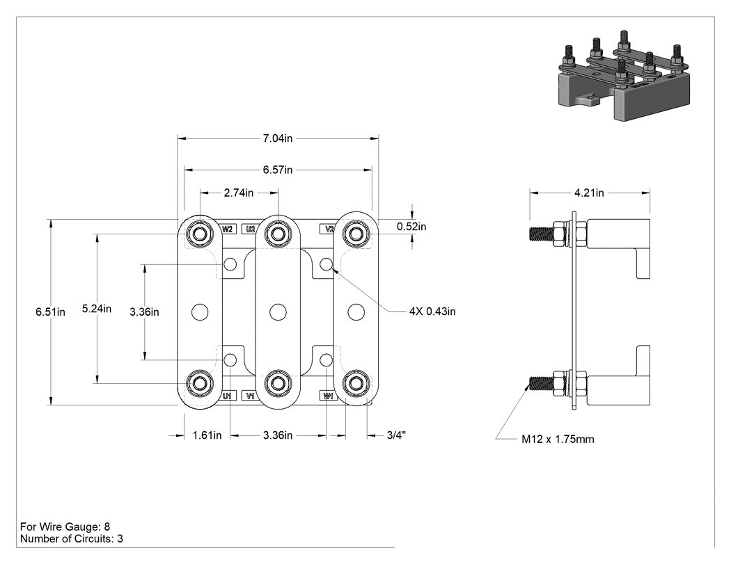 Teknik Çizim - Motorlar için Klemens, 1000V AC/1000V DC, Devre Başına 315A