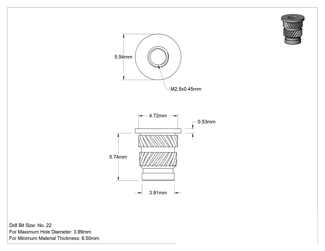 Teknik Çizim - Plastik için Isıyla Sabitlenen Ek Parçalar, Pirinç, Flanşlı, M2.5 x 0.45 mm, 5.7 mm Takılı Uzunluk