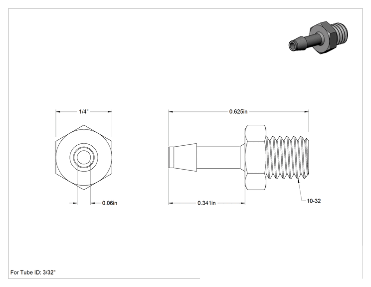 Teknik Çizim - Kimyasallarla Kullanım için Tırnaklı Bağlantı Parçası, 3/32" Boru İç Çapı x 10-32 Dişli Erkek Boru için Adaptör