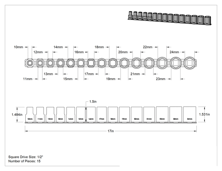 Teknik Çizim - 1/2" Kare Tahrik Soket Seti, 6 Köşeli, 15 Parça, Metrik