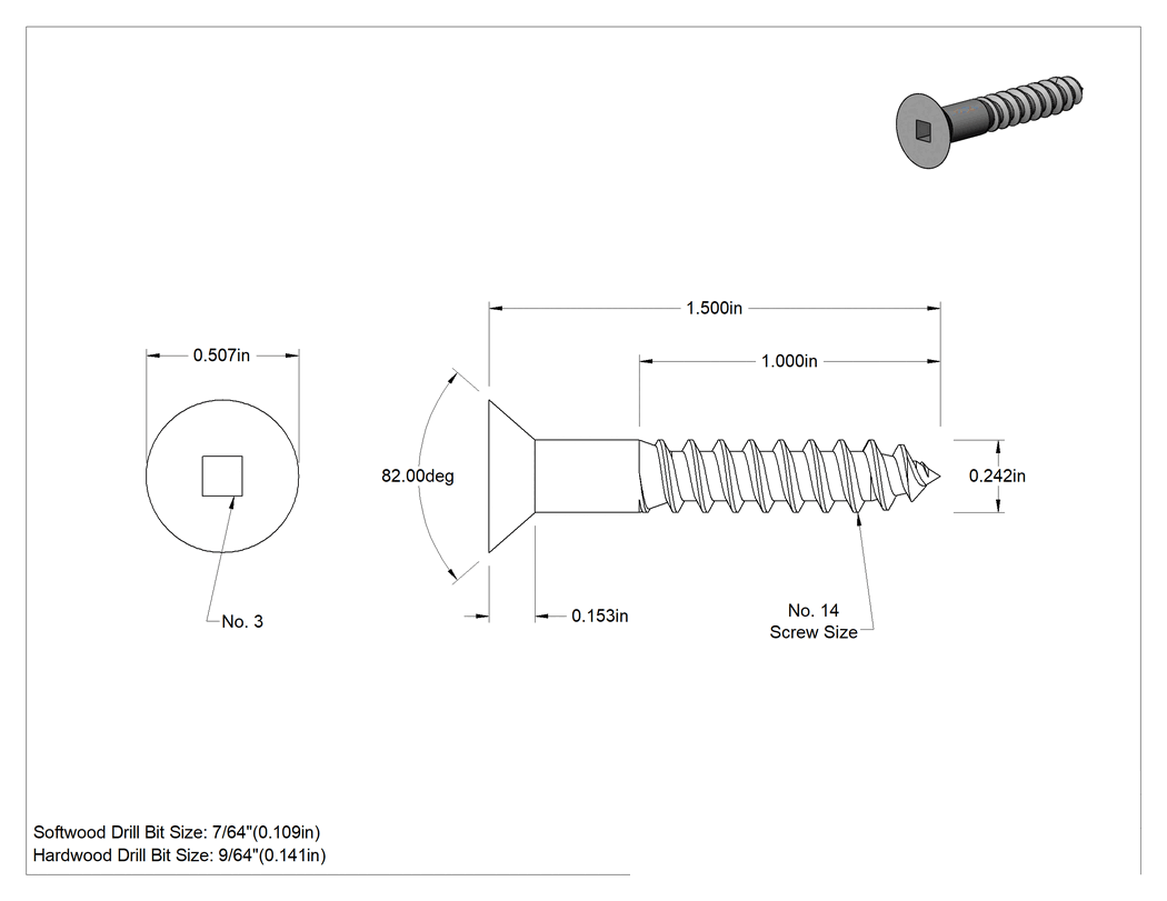 Teknik Çizim - Kare Tahrikli Havşa Başlı Ahşap Vida, Çinko Kaplı Çelik, 14 Numaralı Boyut, 1-1/2" Uzunluk