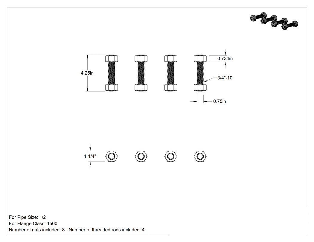 Teknik Çizim - Çelik Gijon ve Altıköşe Somun Kiti, Sınıf 1500 Boyut 1/2 Boru Flanşı için
