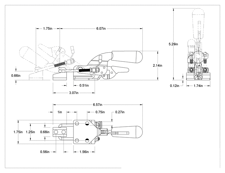 Teknik Çizim - Kilitli Tutamaçlı Mandal Tipi Mandal Kelepçe, U Tipi Kol, Çelik, 720 lbs. Kapasite, 6-9/16" Toplam Uzunluk
