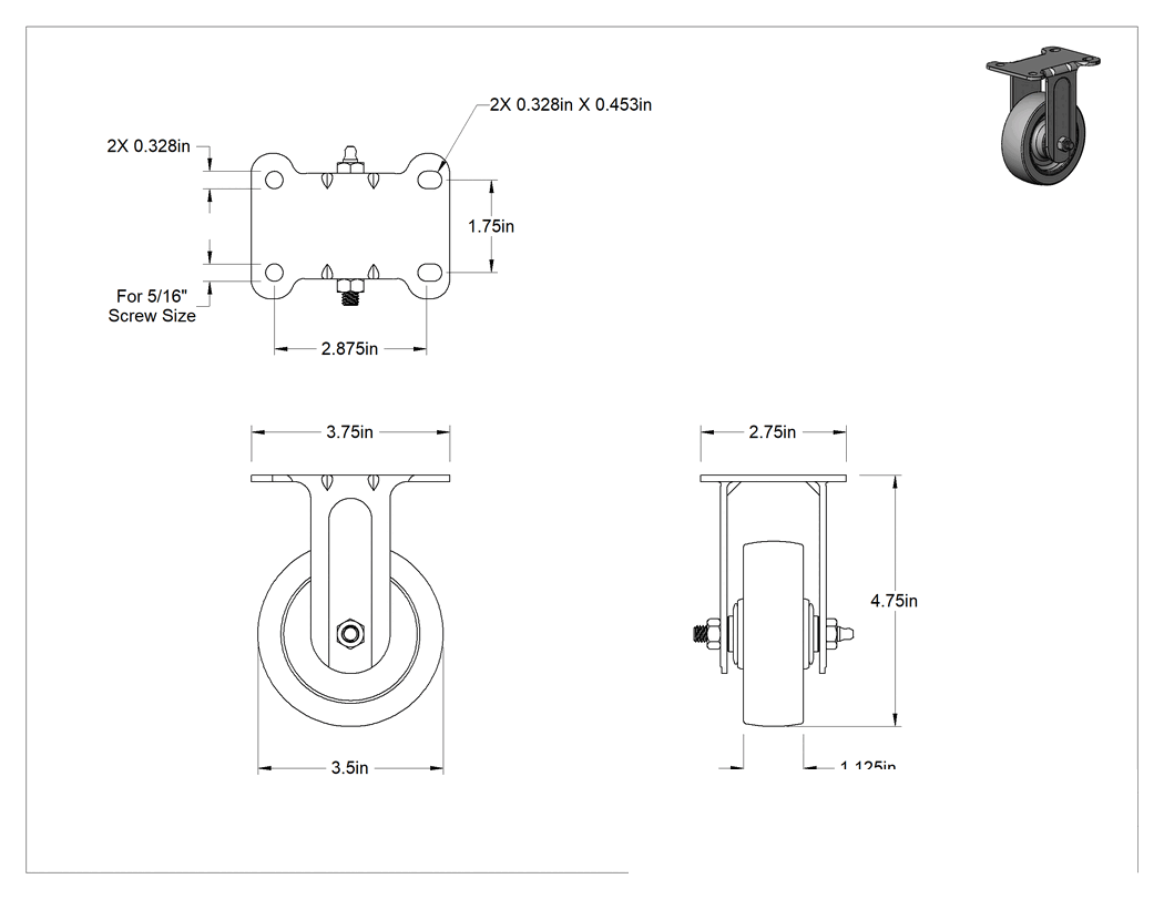 Teknik Çizim - Cart-King Tekerlek, Rulmanlı 3-1/2" Gri Poliüretan Tekerlekli Sert