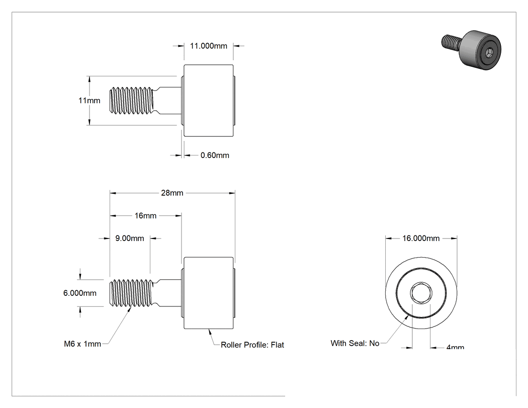Teknik Çizim - Vidalı Siyah Oksit Çelik Ray Makarası, Contasız Düz, 16 mm Çap x 11 mm Genişlikte Silindir