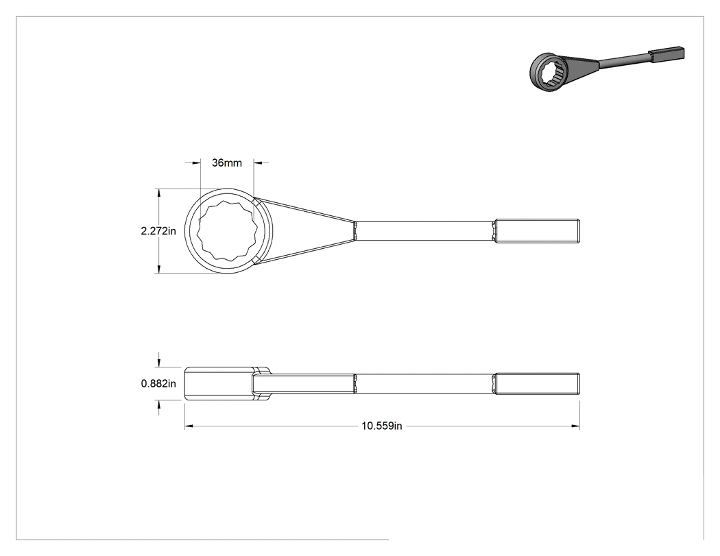 Teknik Çizim - 12 Uçlu Açma Darbeli Kutu Anahtarı, 36 mm Boyut, 10-5/8" Toplam Uzunluk