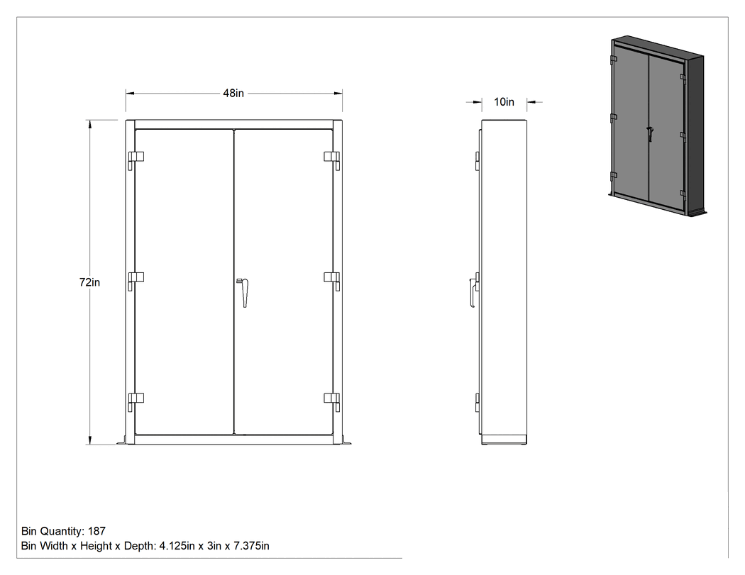 Teknik Çizim - Düşük Profilli Saklama Kutusu Dolabı, 187 saklama kutulu, 48" Genişlik x 72" Yükseklik x 10" Derinlik Genel