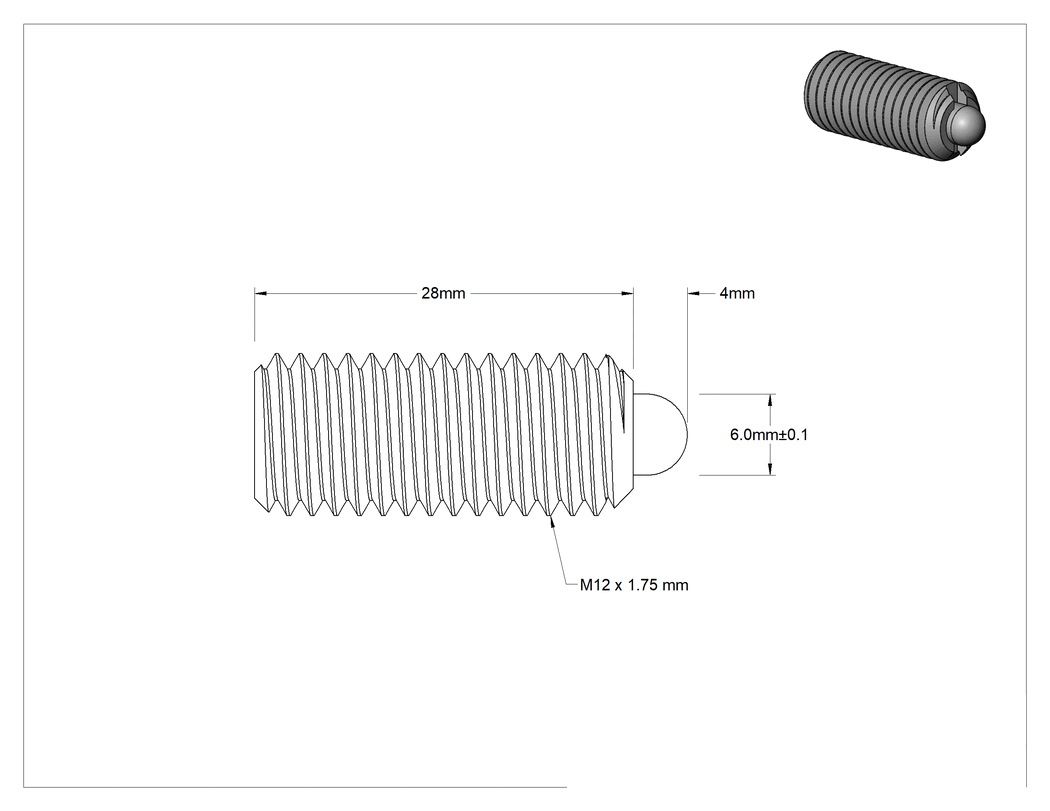 Teknik Çizim - 18-8 Paslanmaz Çelik Gövdeli Uzun Burunlu Yaylı İtici, Plastik, M12x1.75, 2.7-11.9 lb. Kuvvet, Vida Kilidi Olmadan