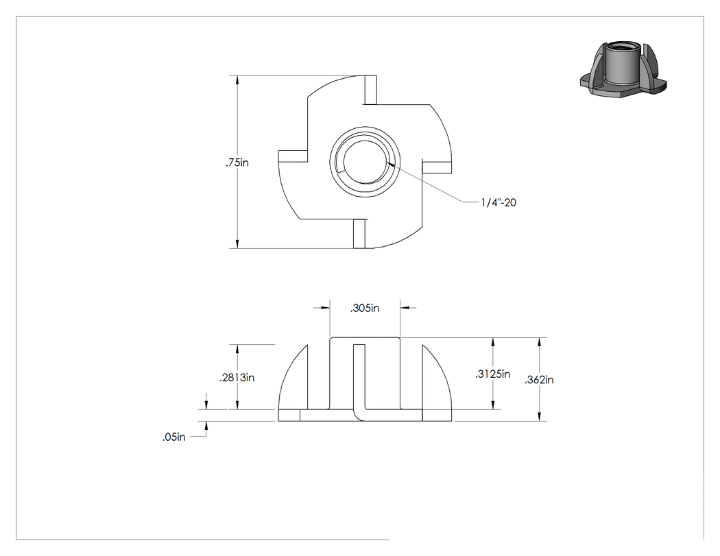 Teknik Çizim - Çelik T Somun Ekleri, 1/4"-20 Diş Boyutu, 0.36" Takılı Uzunluk, 3/4" Flanş Çapı