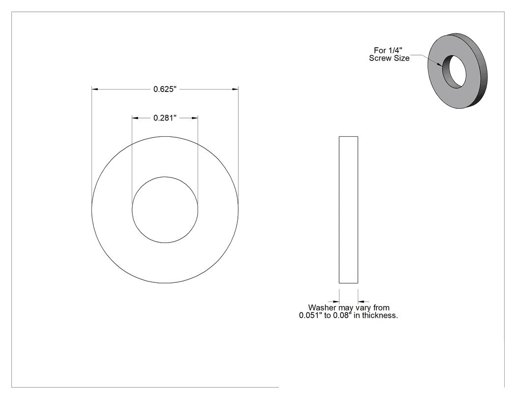 Teknik Çizim - Siyah Oksit Çelik SAE Pul, 1/4" Vida Boyutu için, 0.281" İç Çap, 0.625" Dış Çap