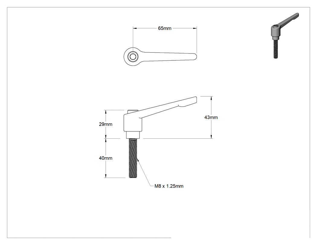 Teknik Çizim - 303 Paslanmaz Çelik Ayarlanabilir Tutamak, M8 x 1.25 mm Diş Boyutu x 40 mm Uzunlukta Saplama