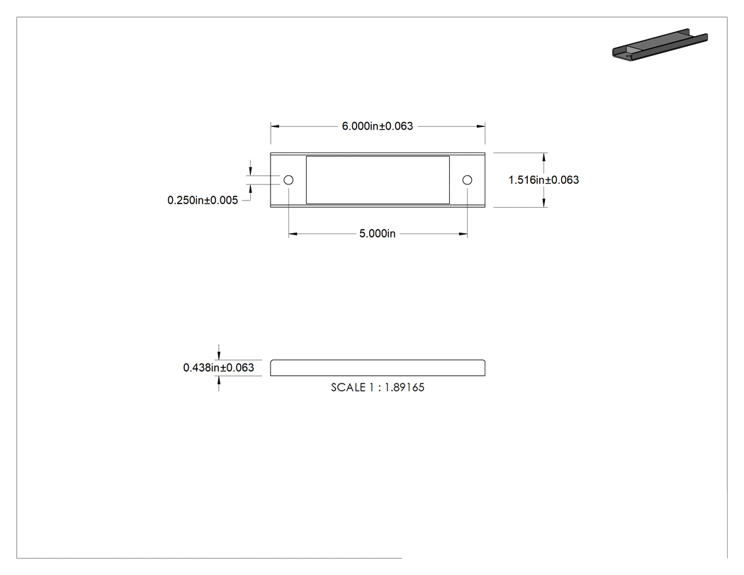 Teknik Çizim - Kapalı Seramik Mıknatıs, Dişsiz delikli, Çinko Kaplamalı Kasa, 7/16" x 1-33/64" x 6"