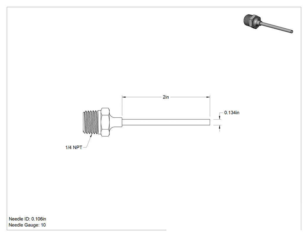 Teknik Çizim - Yeniden Kullanılabilir Paslanmaz Çelik Şırınga İğnesi, 1/4 NPT Erkek Dişli, 10 G