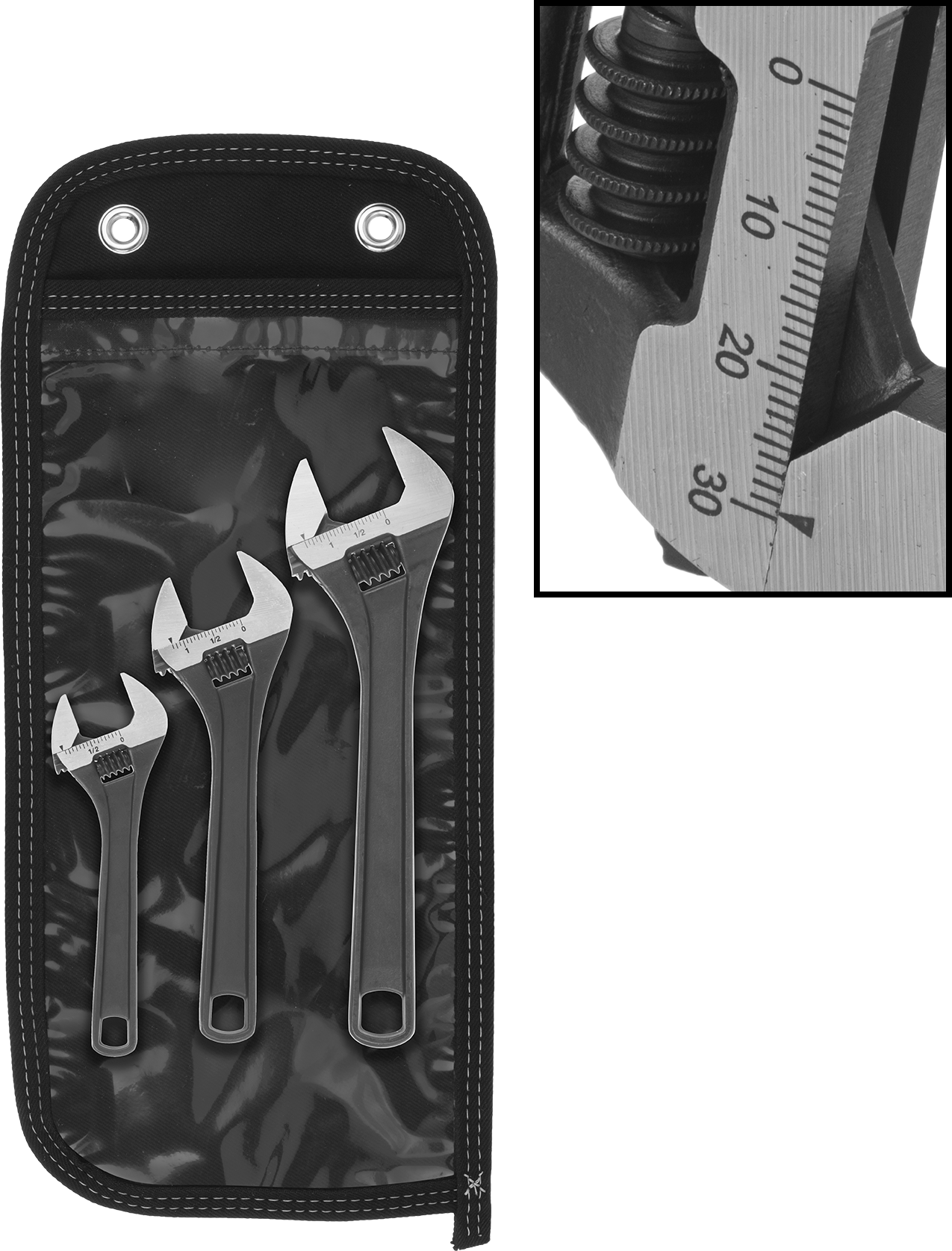 Siyah Oksit Çelik Ayarlanabilir Anahtar, Düz Tutamak, 3 Parça Set, 1-3/8" Çene Kapasitesi — Ayarlanabilir, Açık Uç, Düz, 6", 8", 10"