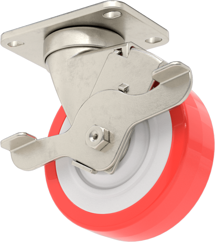 Paslanma ve Aşınmaya Dayanıklı Tekerlek, Frenli ve 4" Çapında Poliüretan Tekerlekli Döner Tekerlek — 304 Stainless Steel, Stainless Steel…
