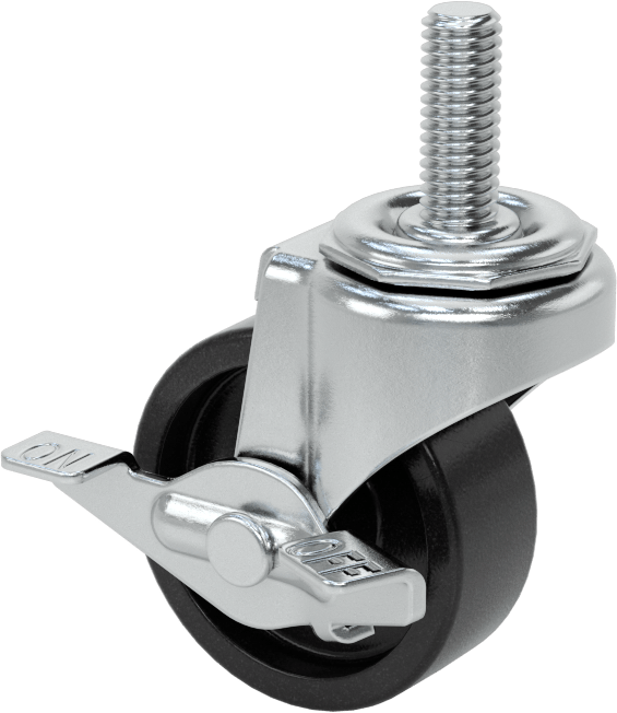 Dişli Saplı Döner Tekerlek, Frenli, Düşük Profil, 3/8"-16, 2" Çaplı Polipropilen Tekerlek, 1" Uzunluk — Mil, 3⁄8"-16, 1"