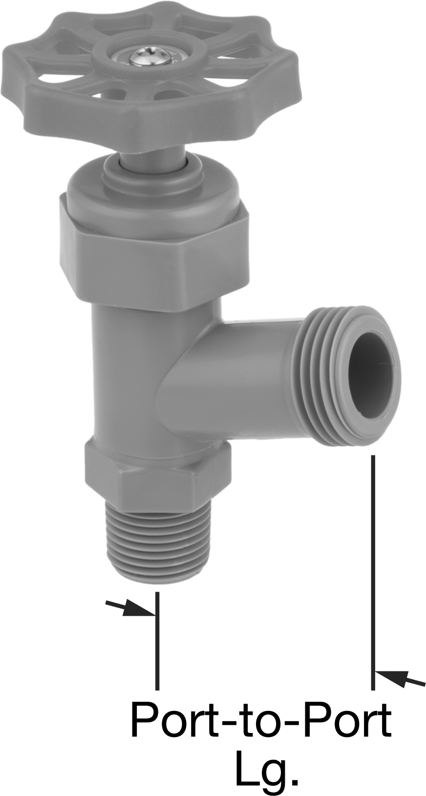 Asetal Gövde Akış Ayar Valfi, 1/2 NPT Erkek x 3/4 GHT Erkek Dirsek — Acetal, Plastic, Tekerlek, 70° Dirsek