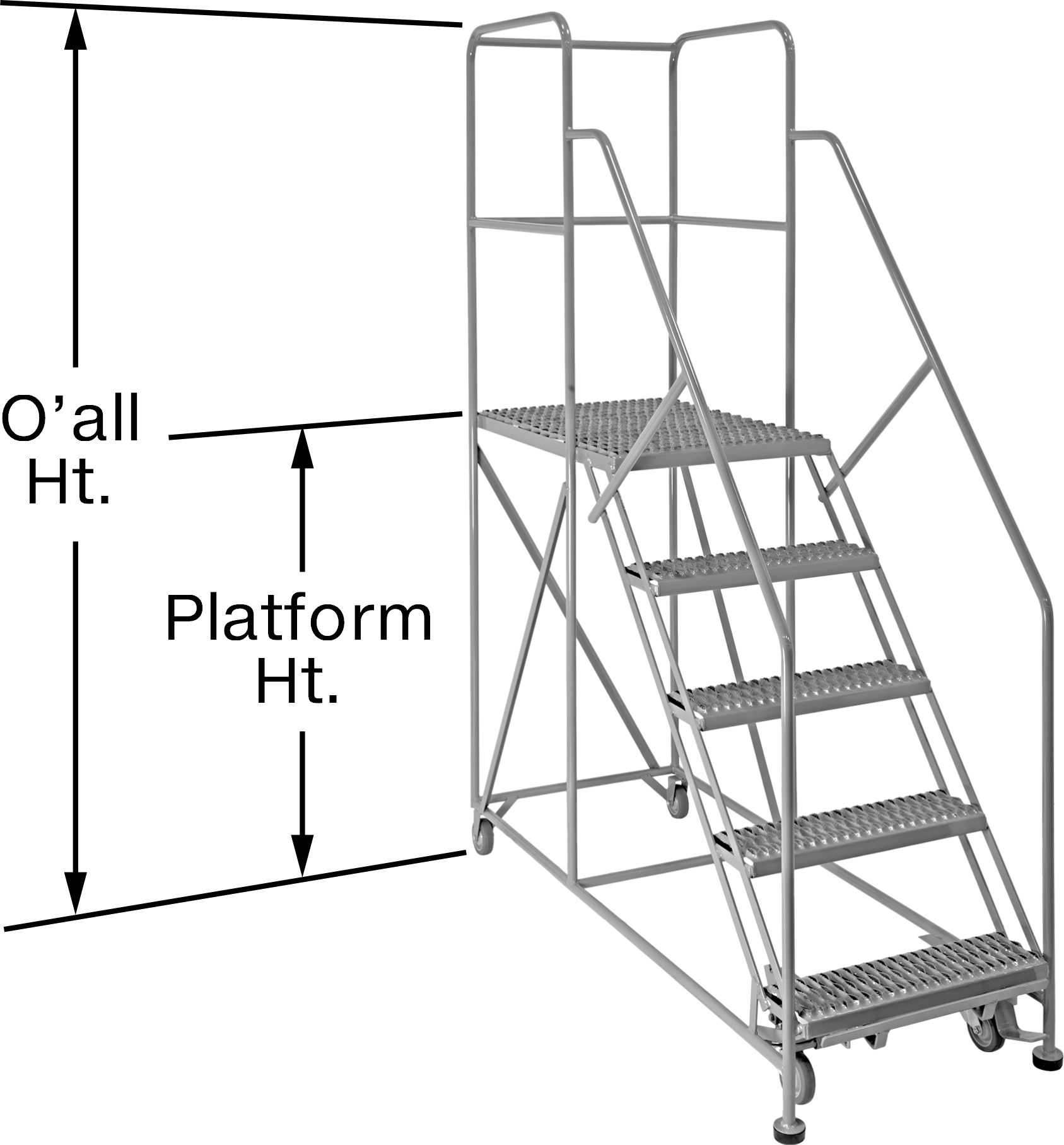 Ekstra Geniş Platformlu Tekerlekli Merdivenler, Tırtıklı Basamaklar, 8'6" Yükseklik x 28" Genişlik x 67" Derinlik Toplam