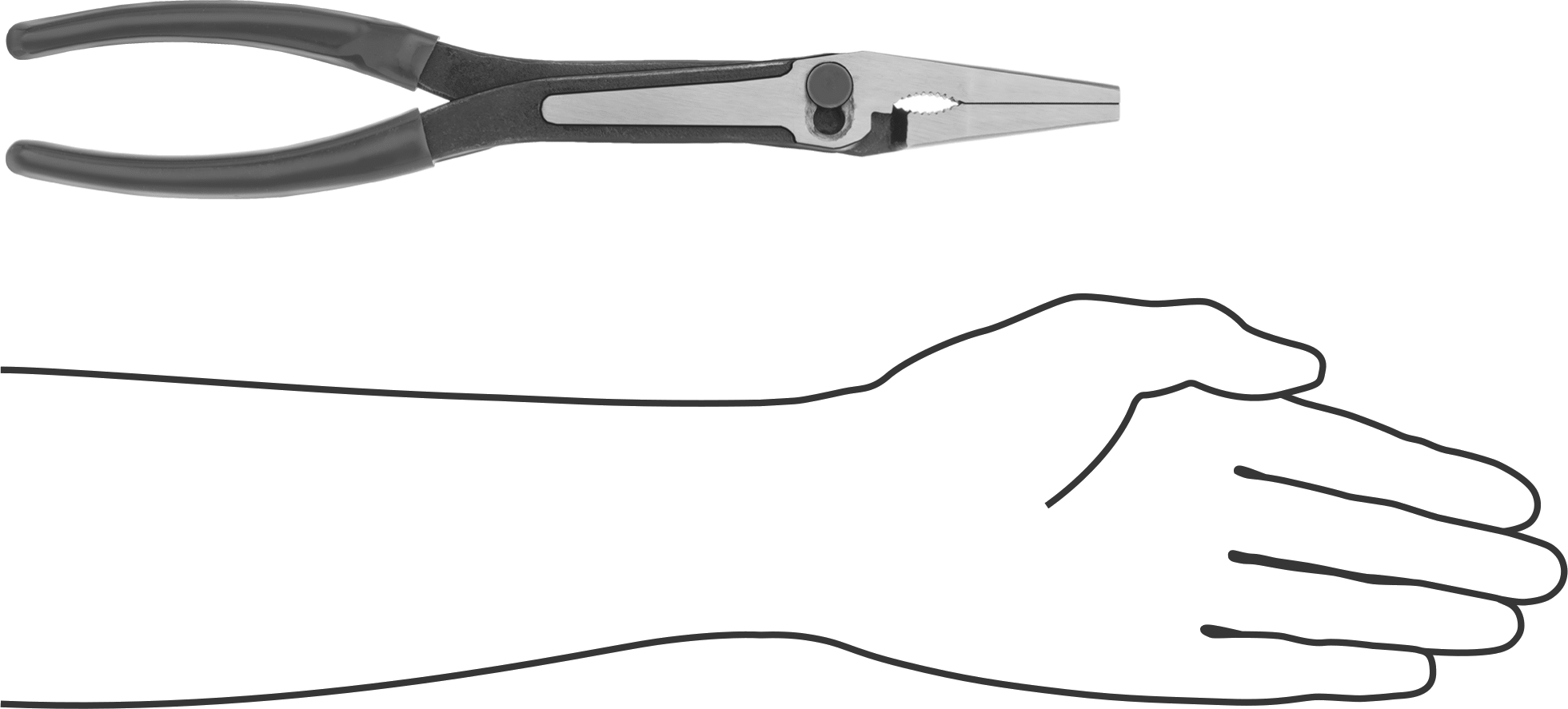 Uzatılmış Uçlu Uzun Burunlu Pense, 2-5/8" uzunluğunda kombine çeneler ve yastıklı tutma yerili, 11" Toplam Uzunluk