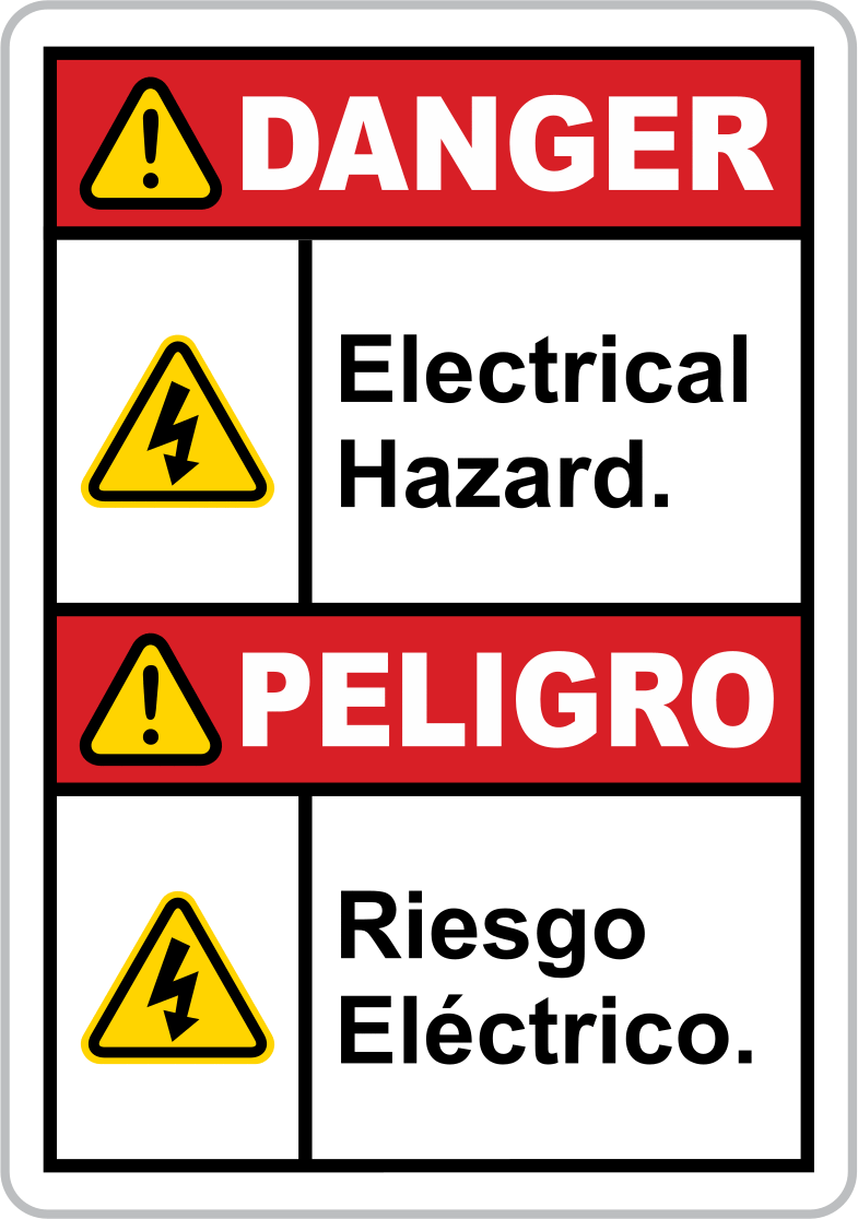 Kaza Önleme Etiketi, İngilizce/İspanyolca, (Tehlike-Elektrik. . .), 5" x 3.5" — Yapışkan Arka Yüz, Tehlike—Elektrik Tehlikesi/Peligro—Rie…