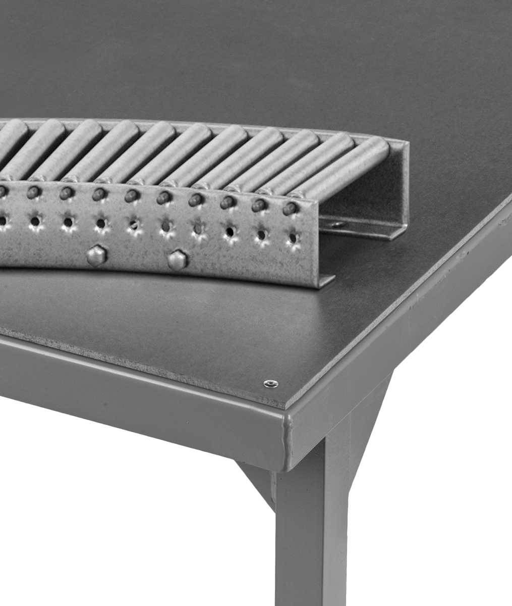 Tezgah Üstü Makaralı Konveyör, 90 Derece Eğrisi, 3/4" Çaplı Çelik Silindir, 5-3/4" Toplam Genişlik