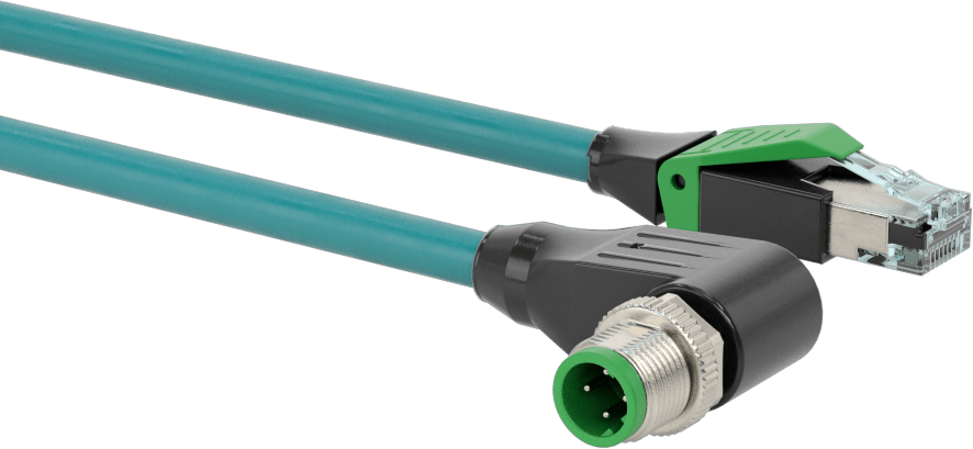 Ethernet Kablosu, D Kodlu 90 Derece Dirsekli M12 x RJ45 Fişli, 3 Fit Uzunluk