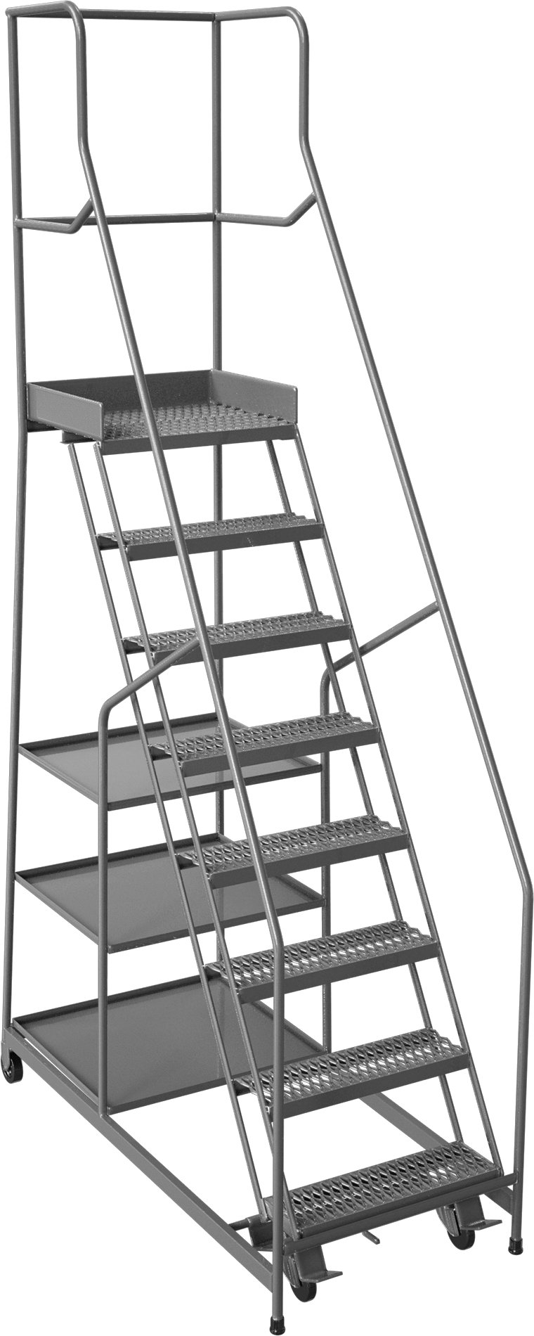 Raflı Tekerlekli Platform Merdiveni, 6 Tırtıklı Basamak, 8'8" Yükseklik x 32" Genişlik x 62" Derinlik Toplam