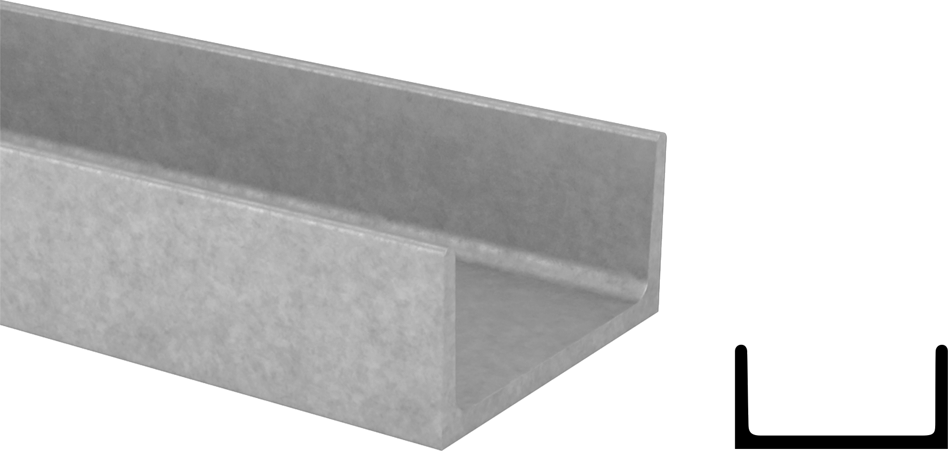 Çinko Kaplamalı Düşük Karbonlu Çelik, U Kanalı, 1" Dış Genişlik, 3/8" İç Yükseklik