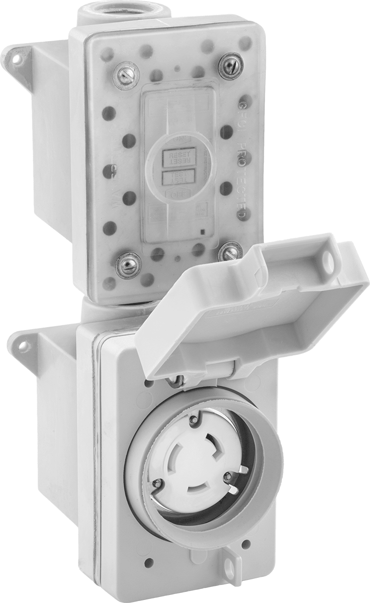 Yıkanabilir Döner Kilit Konektörü, GFCI'lı Üç Yuvalı Dişi Priz, NEMA L5-20, Sarı — L5-20, 125V AC, Aşındırıcı, Tozlu, Yağlı, Dış Mekan, D…