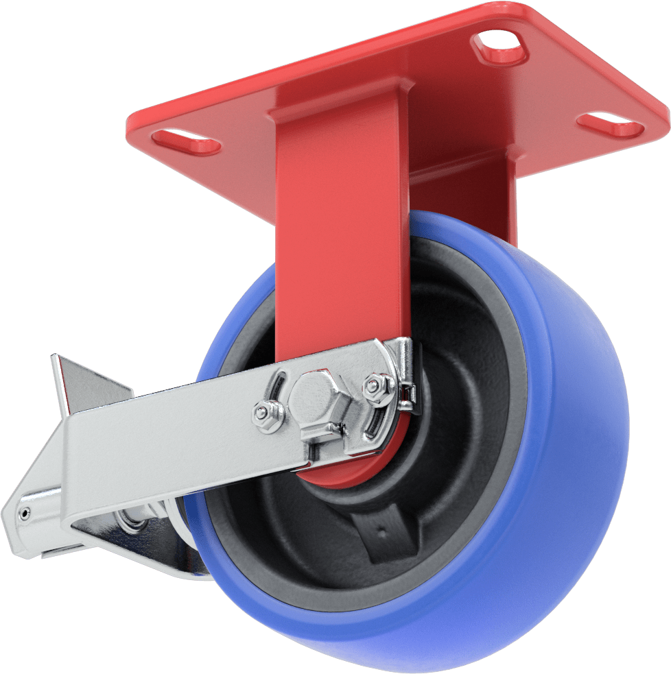 6-1/2" x 4-1/2" Plakalı Yüksek Kapasiteli Kingston Tekerlek, Frenli ve 6" Çapında Mavi Poliüretan Tekerlekli Sert