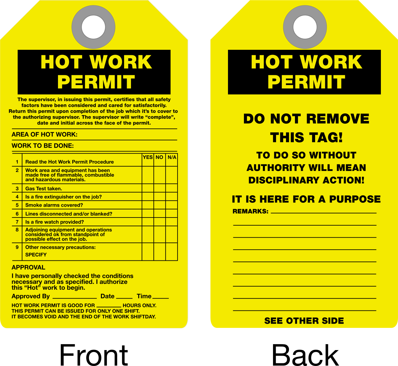 Sıcak İş İzni Etiketleri, Plastik Lamine Vinil Plastik — Hot Work Permit, Hot Work Permit—Do Not Remove This Tag, İngilizce, Black, Black…