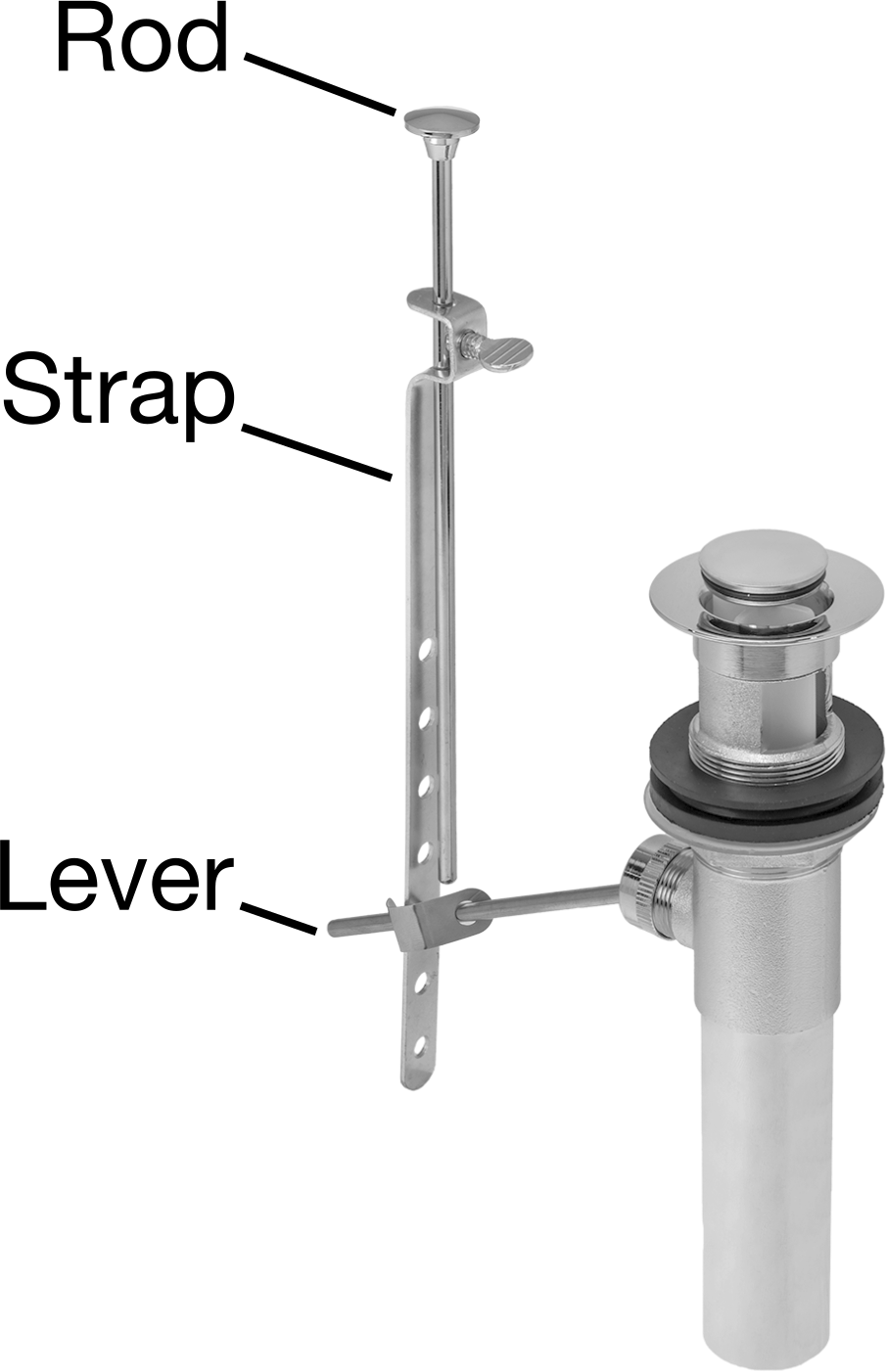 Taşma Kesme Lavabo Tahliyesi, Krom Kaplama Pirinç Tıpalı, Kol, Çubuk ve Kayış — 1.25" ila 1.5", 6", 2 1⁄8"
