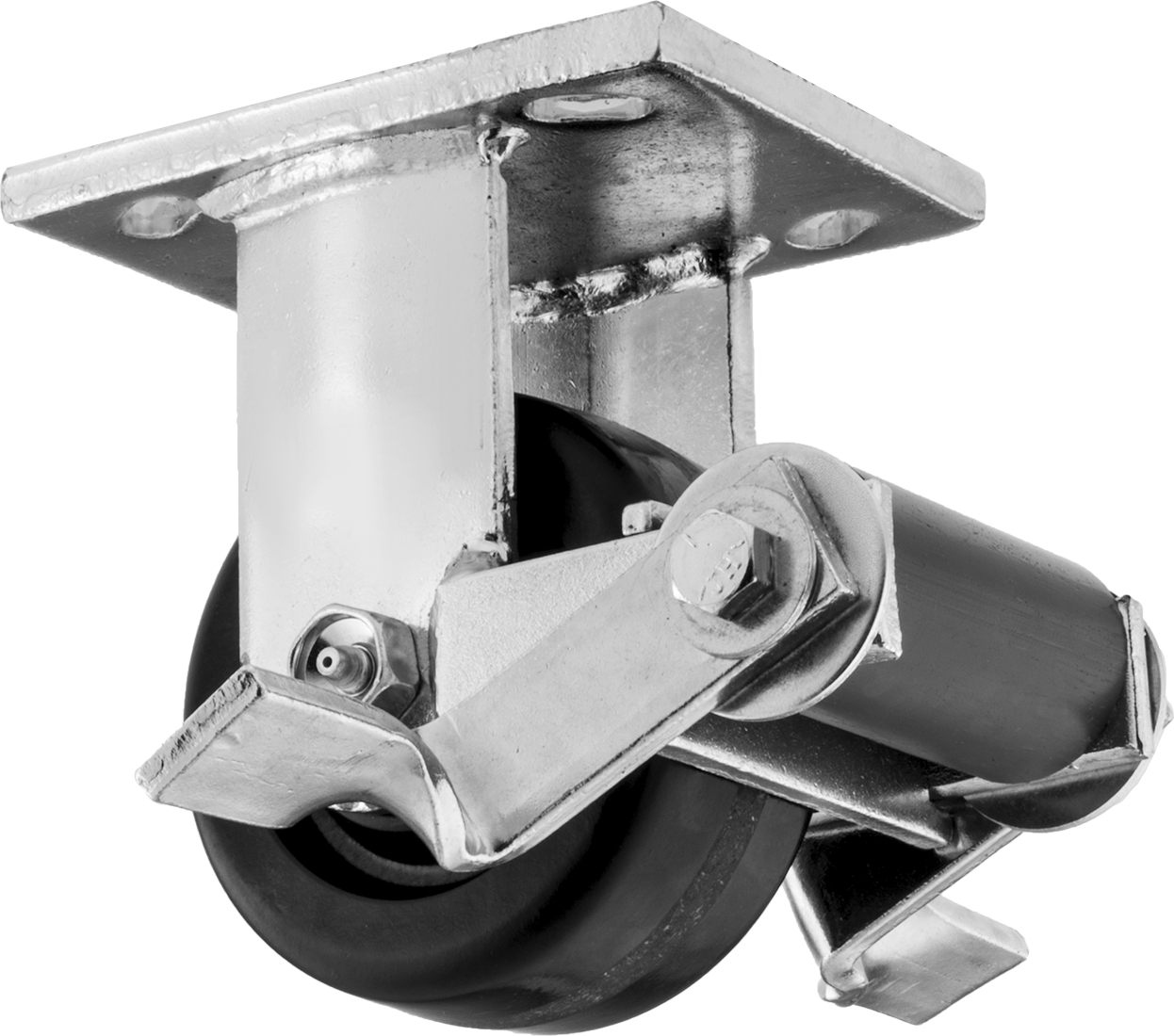 4-1/2" x 4" Plakalı Yüksek Kapasiteli Spartan Tekerlek, Frenli Sabit, 3-1/4" Çap Açık Rulmanlı Fenolik Tekerlek
